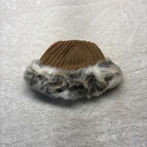 Vintage Hand-Knitted Beanie with Real Rabbit Fur Trim